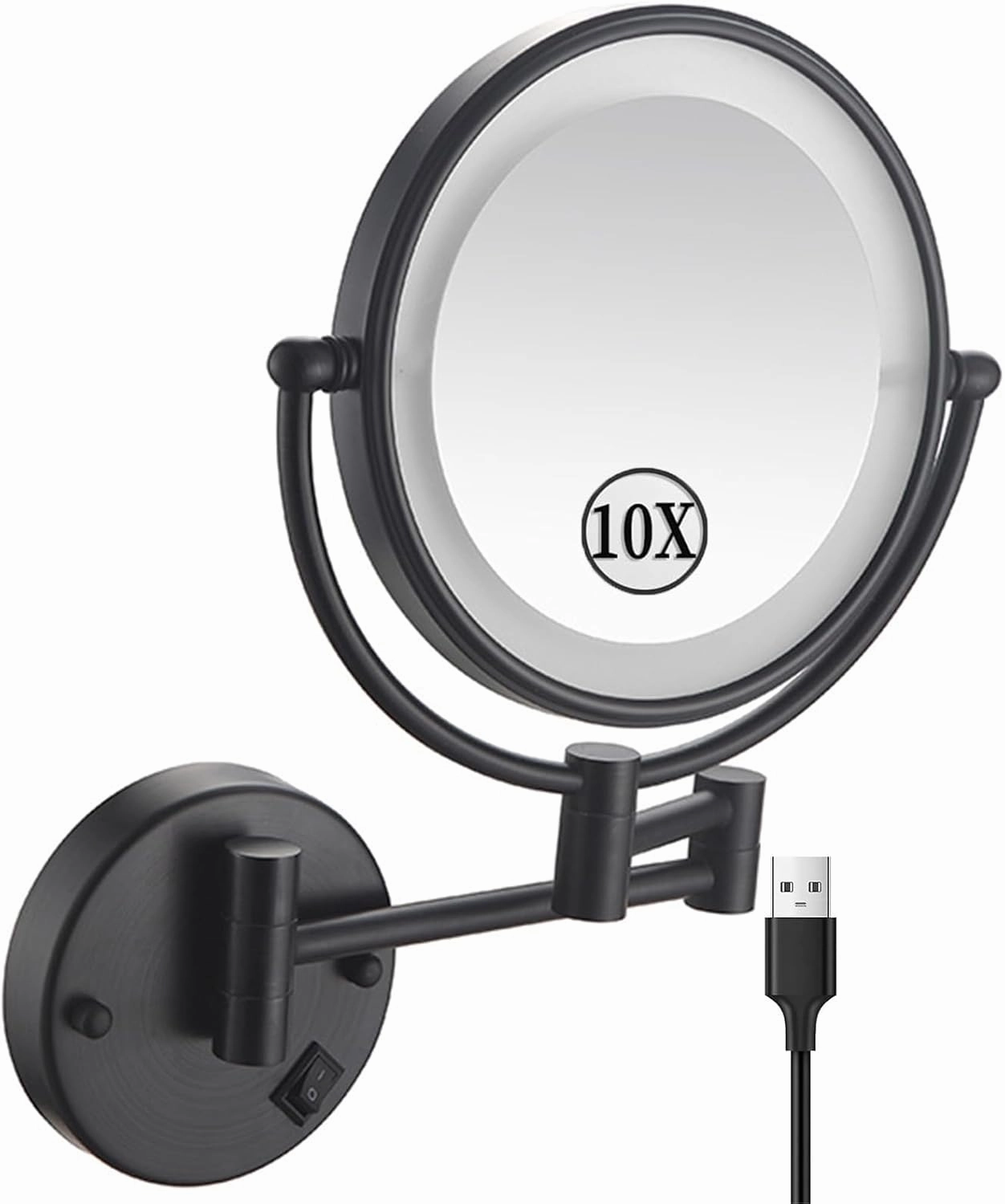 Rechargeable Wall Mounted Makeup Mirror with Lights, Double Sided 1X/10X Magnifying Mirror, Black 360° Swivel Extendable LED Bathroom Vanity Mirror