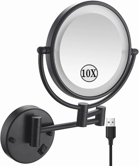 Rechargeable Wall Mounted Makeup Mirror with Lights, Double Sided 1X/10X Magnifying Mirror, Black 360° Swivel Extendable LED Bathroom Vanity Mirror