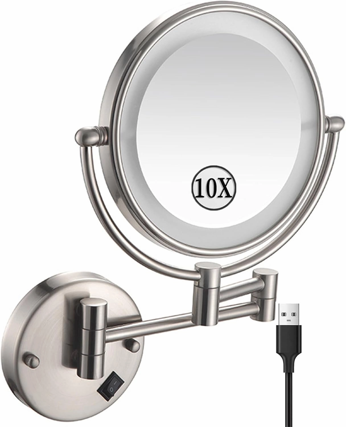 Rechargeable Wall Mounted Makeup Mirror with Lights, Double Sided 1X/10X Magnifying Mirror, Brushed Nickel 360° Swivel Extendable LED Bathroom Vanity Mirror