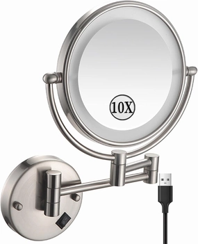 Rechargeable Wall Mounted Makeup Mirror with Lights, Double Sided 1X/10X Magnifying Mirror, Brushed Nickel 360° Swivel Extendable LED Bathroom Vanity Mirror