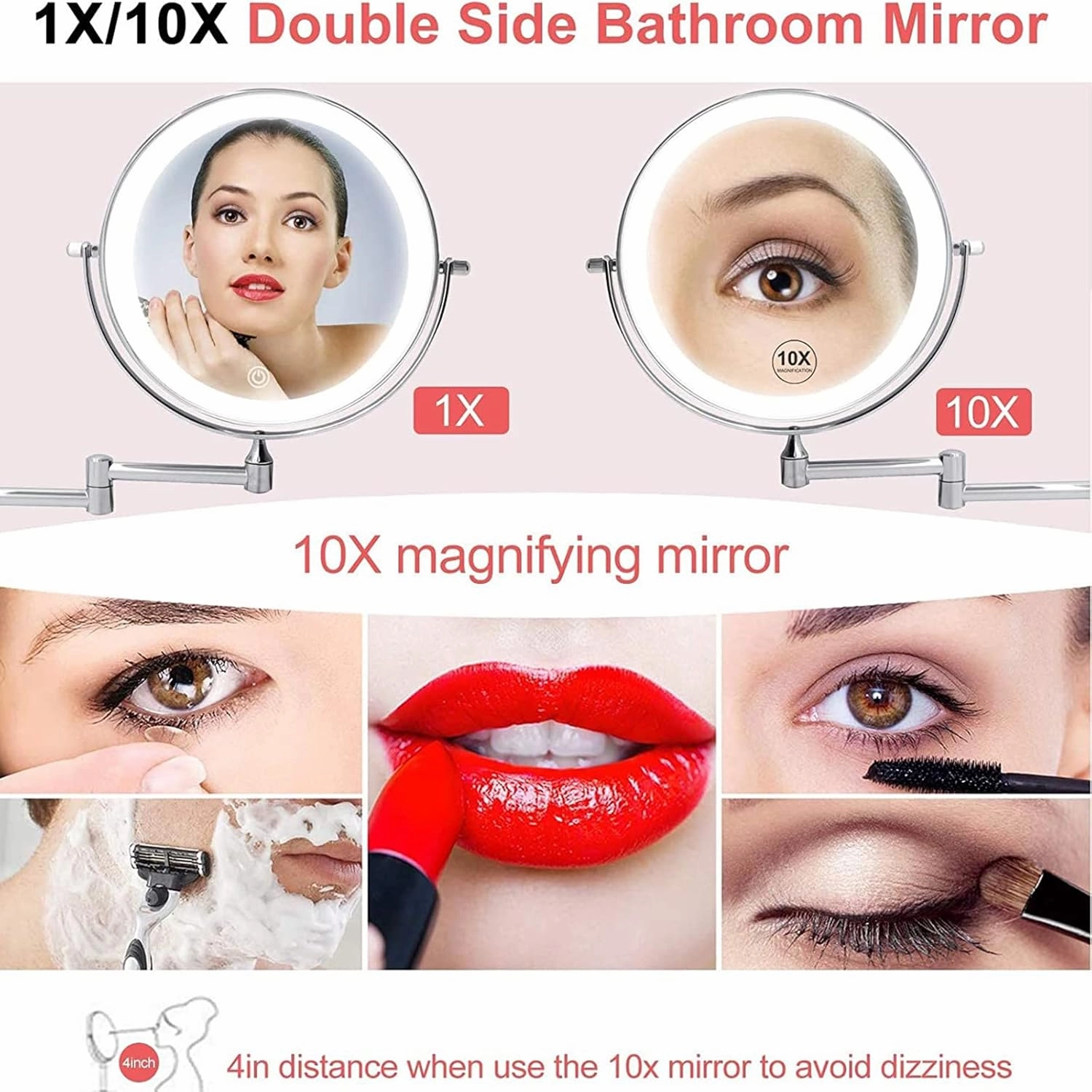 Rechargeable Wall Mounted Makeup Mirror with Lights, Double Sided 1X/10X Magnifying Mirror, Gold 360° Swivel Extendable LED Bathroom Vanity Mirror