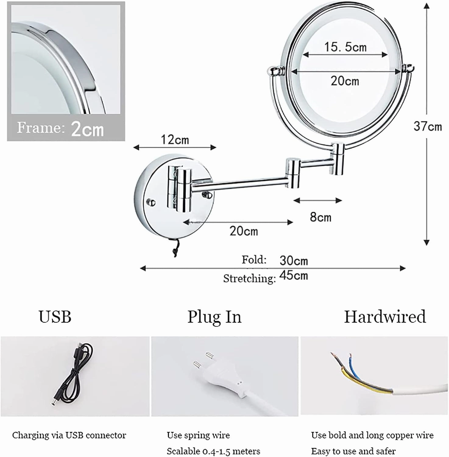 Rechargeable Wall Mounted Makeup Mirror with Lights, Double Sided 1X/10X Magnifying Mirror, Gold 360° Swivel Extendable LED Bathroom Vanity Mirror