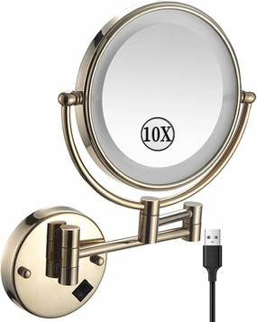 Rechargeable Wall Mounted Makeup Mirror with Lights, Double Sided 1X/10X Magnifying Mirror, Gold 360° Swivel Extendable LED Bathroom Vanity Mirror