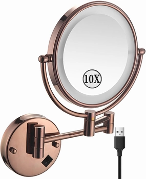 Rechargeable Wall Mounted Makeup Mirror with Lights, Double Sided 1X/10X Magnifying Mirror, Rose Gold 360° Swivel Extendable LED Bathroom Vanity Mirror