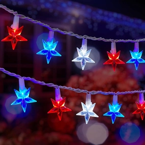 Red White Blue Star String Lights Plug in - 33ft 100 LED Connectable Patriotic Star Fairy Lights, Waterproof String Lights for Indoor Outdoor Holiday Independence Day, White Wire, Spare Fuse Included