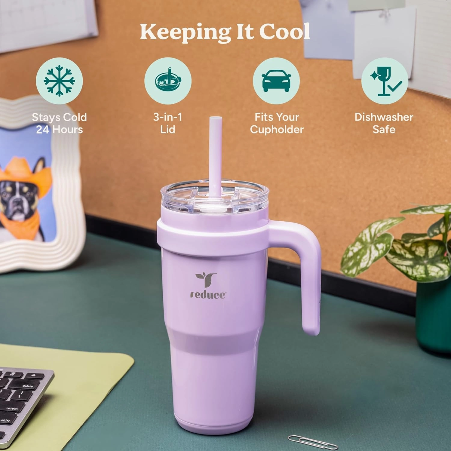 Reduce 24 oz Stainless Steel Tumbler with Handle - Dual-Wall Vacuum Insulated Travel Mug, Sweat-Proof Lid & Reusable Straw - Keeps Drinks Cold for 24 Hrs, Fits Cupholders, Dishwasher Safe-Mineral Blue