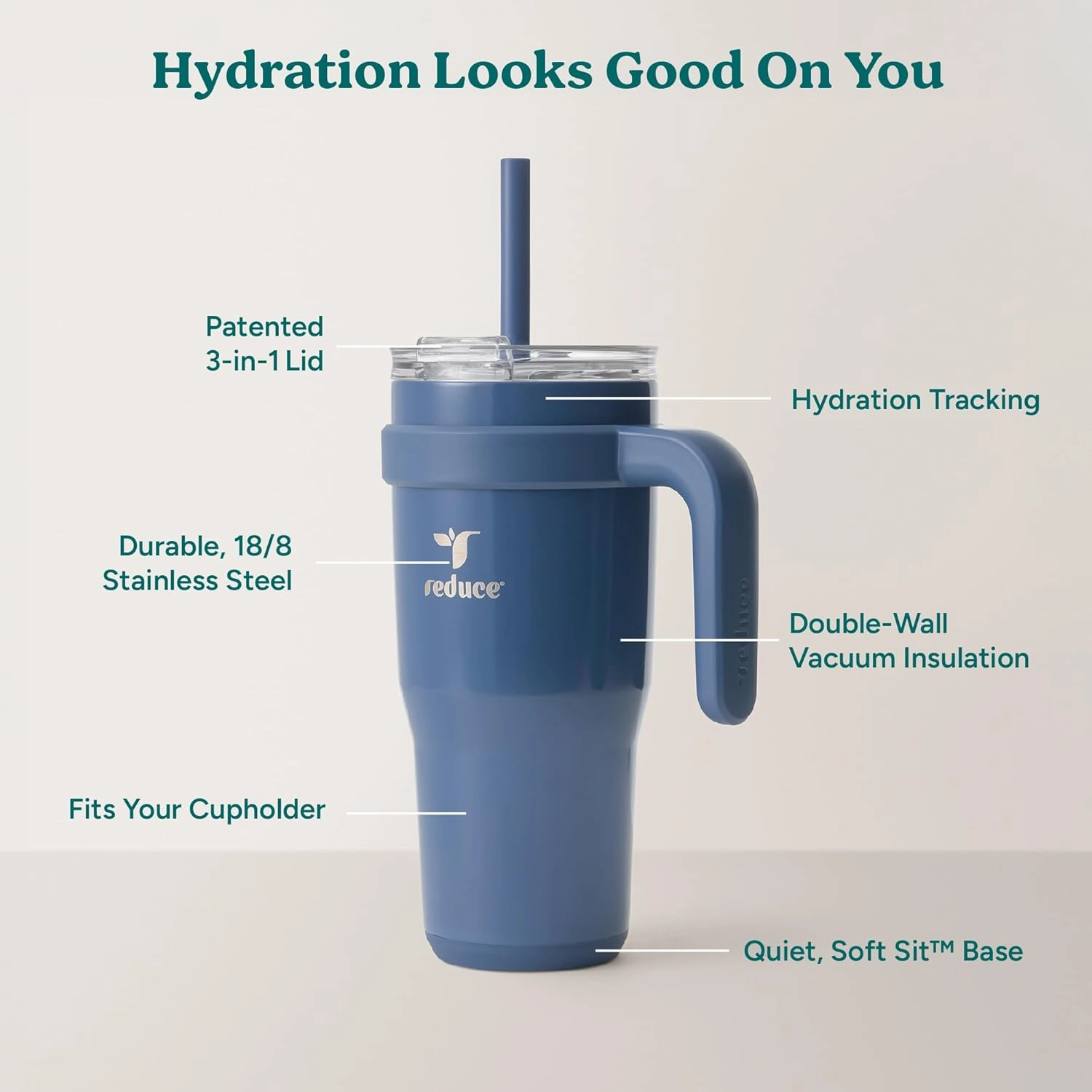 Reduce 24 oz Stainless Steel Tumbler with Handle - Dual-Wall Vacuum Insulated Travel Mug, Sweat-Proof Lid & Reusable Straw - Keeps Drinks Cold for 24 Hrs, Fits Cupholders, Dishwasher Safe-Mineral Blue