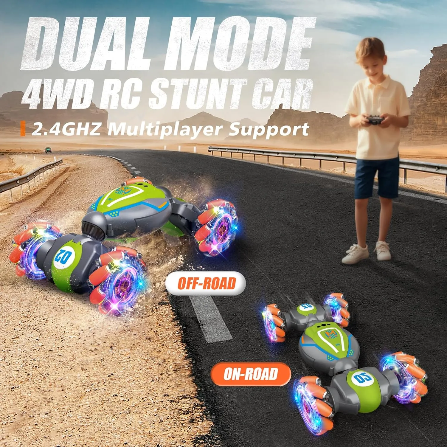 Remote Control Car for Boys Girls,Gesture Rc Stunt Car for 4-7 8-12 5 6 9 10 11 13 Year Old Boys Birthday Gifts,2.4 GHz 4WD 360° Rotatin Sensing Toys for Kids with Light and Music-Green Medium
