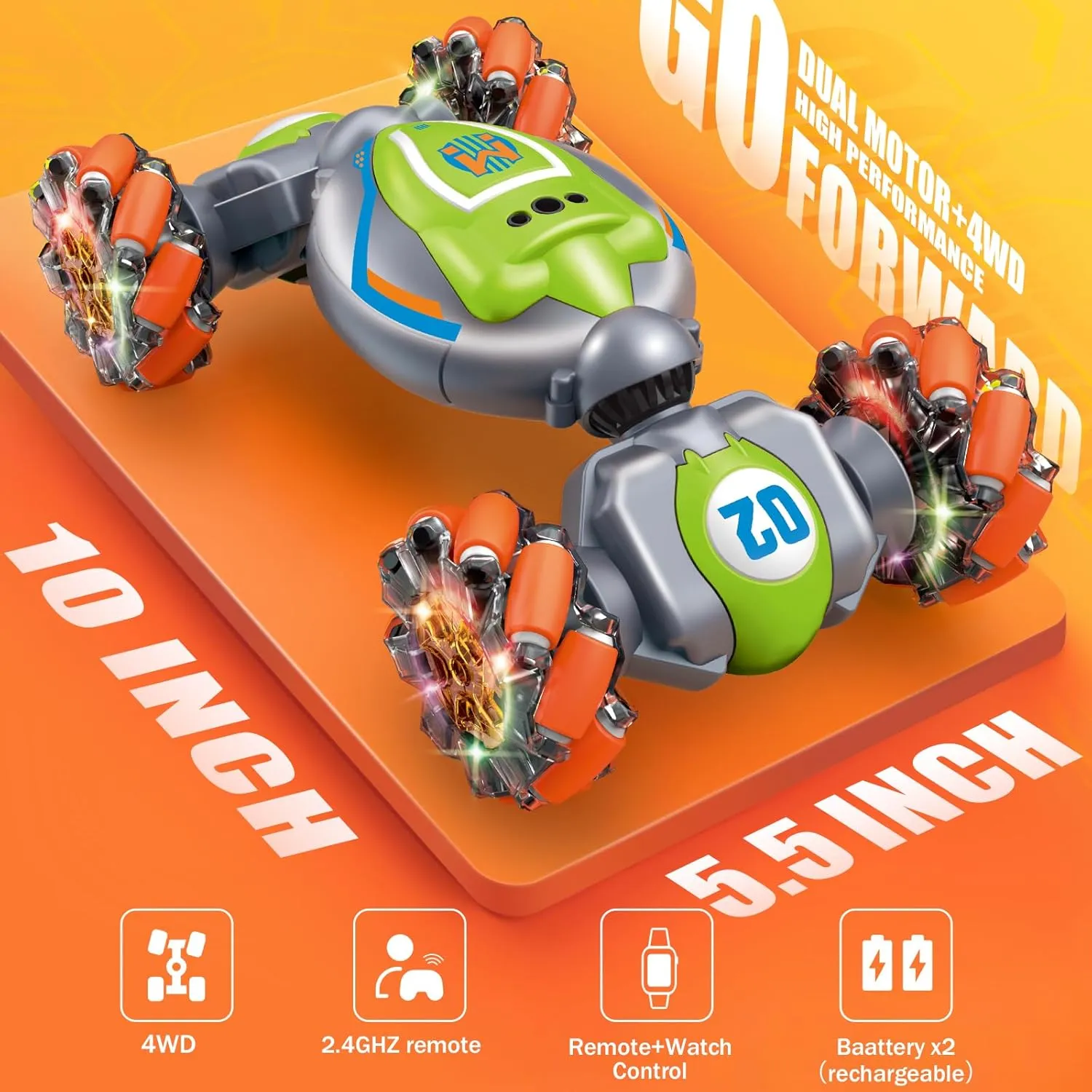 Remote Control Car for Boys Girls,Gesture Rc Stunt Car for 4-7 8-12 5 6 9 10 11 13 Year Old Boys Birthday Gifts,2.4 GHz 4WD 360° Rotatin Sensing Toys for Kids with Light and Music-Green Medium