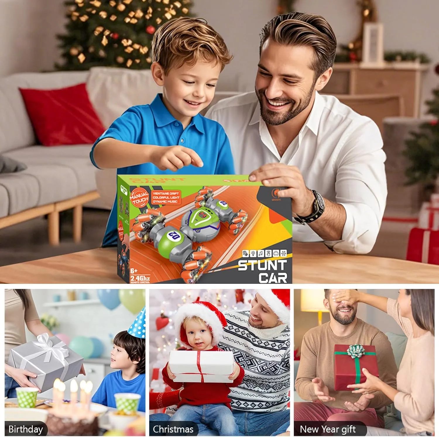 Remote Control Car for Boys Girls,Gesture Rc Stunt Car for 4-7 8-12 5 6 9 10 11 13 Year Old Boys Birthday Gifts,2.4 GHz 4WD 360° Rotatin Sensing Toys for Kids with Light and Music-Green Medium