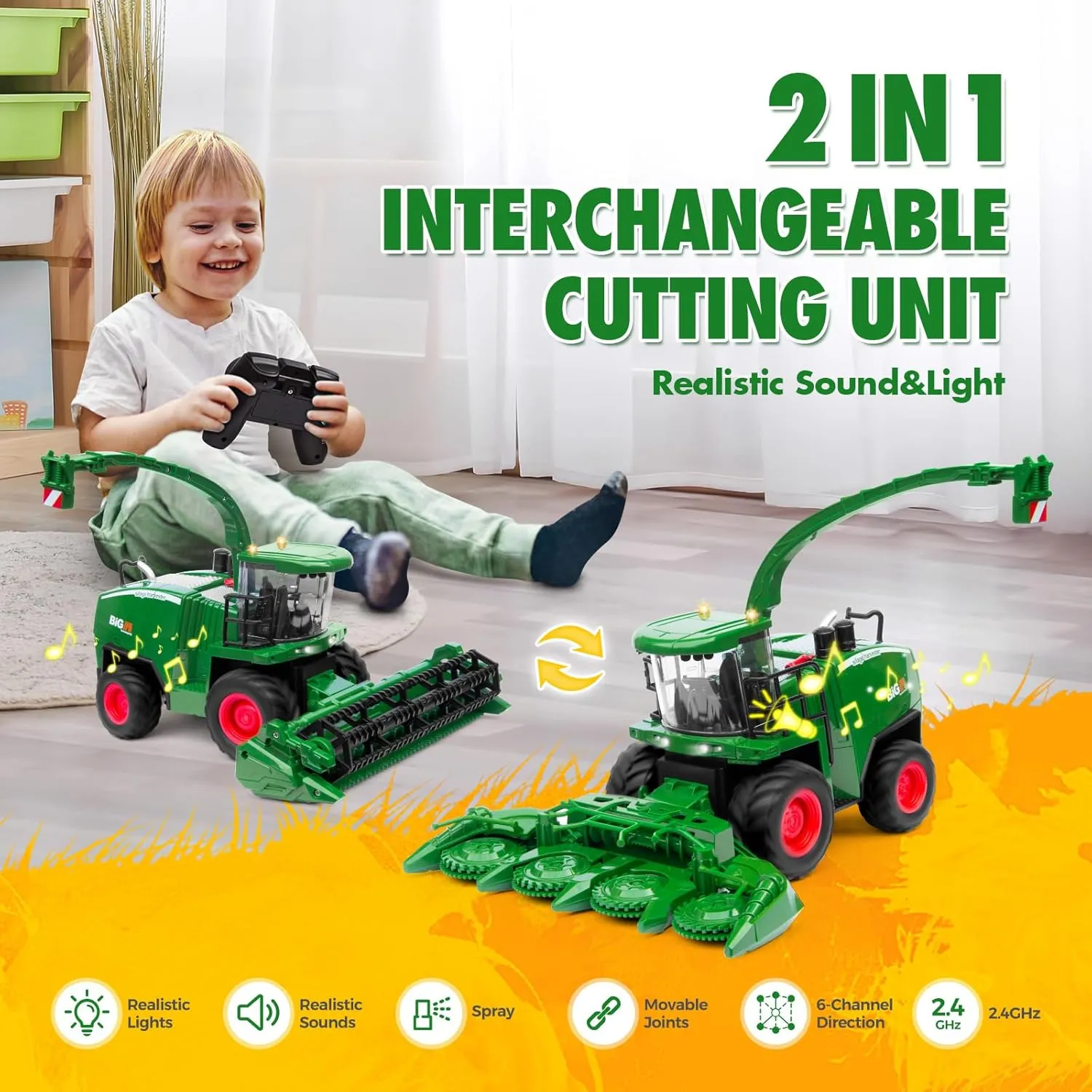Remote Control Combine Harvester Tractor Toy, 1/24 Scale RC Harvester Toys for Kids with 2 Grian Heads/2 Rechargeable Batteries/Light, Farm Toys for 4 5 6 7 8 9 Year Old Boys Birthday Gift