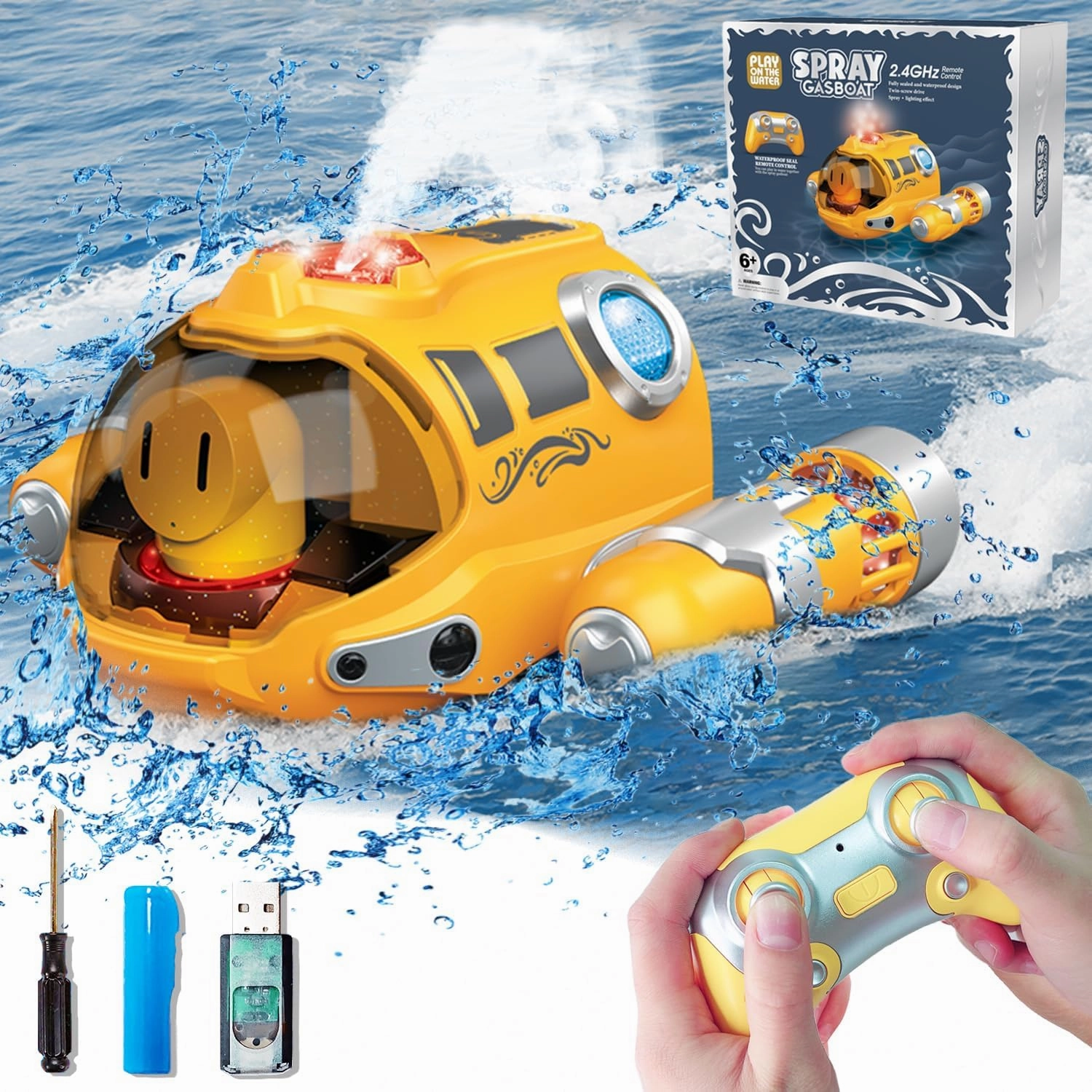 Remote Control Boats for Kids with Spraying Function,2.4GHZ Remote Control, Light Up Fast RC Boats for Adults and Kids, Swimming Pool Toy for Boys and Girls & Adults (Yellow)