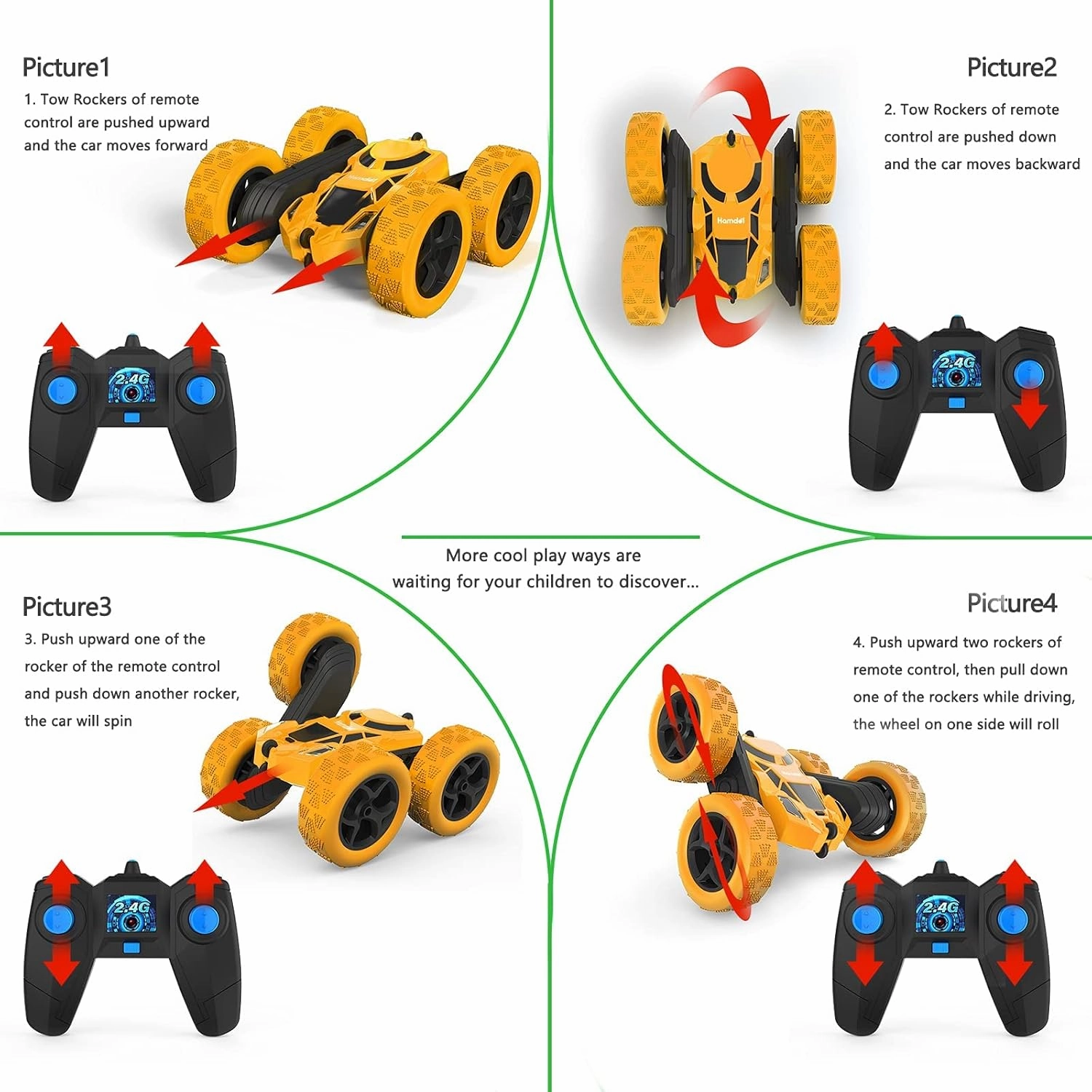 Remote Control Car Double Sided 360°Rotating 4WD RC Cars with Headlights 2.4GHz Electric Race Stunt Toy Car Rechargeable Toy Cars for Boys Girls Birthday (Yellow)