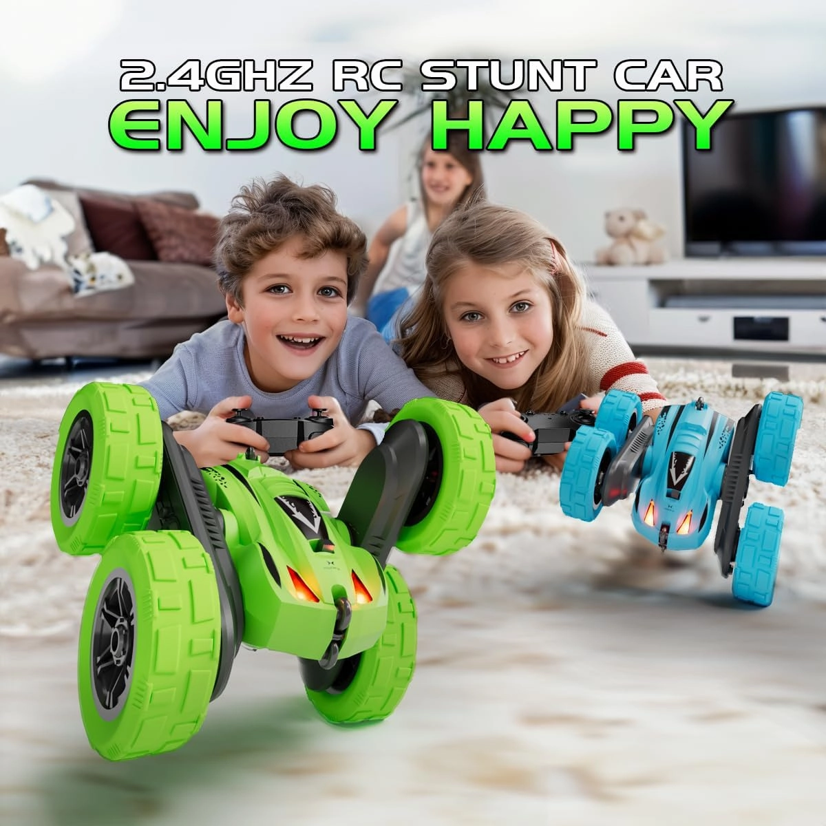 Remote Control Car,Fast RC Cars,2.4Ghz Double Sided 360° Rotating RC Stunt Cars with Headlights,All Terrain Rechargeable Car Toys for Boys Ages 5-7 8-12,Birthday Gifts for Kids Blue