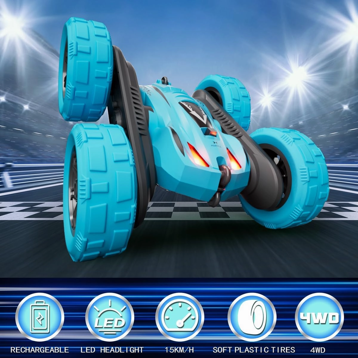 Remote Control Car,Fast RC Cars,2.4Ghz Double Sided 360° Rotating RC Stunt Cars with Headlights,All Terrain Rechargeable Car Toys for Boys Ages 5-7 8-12,Birthday Gifts for Kids Blue