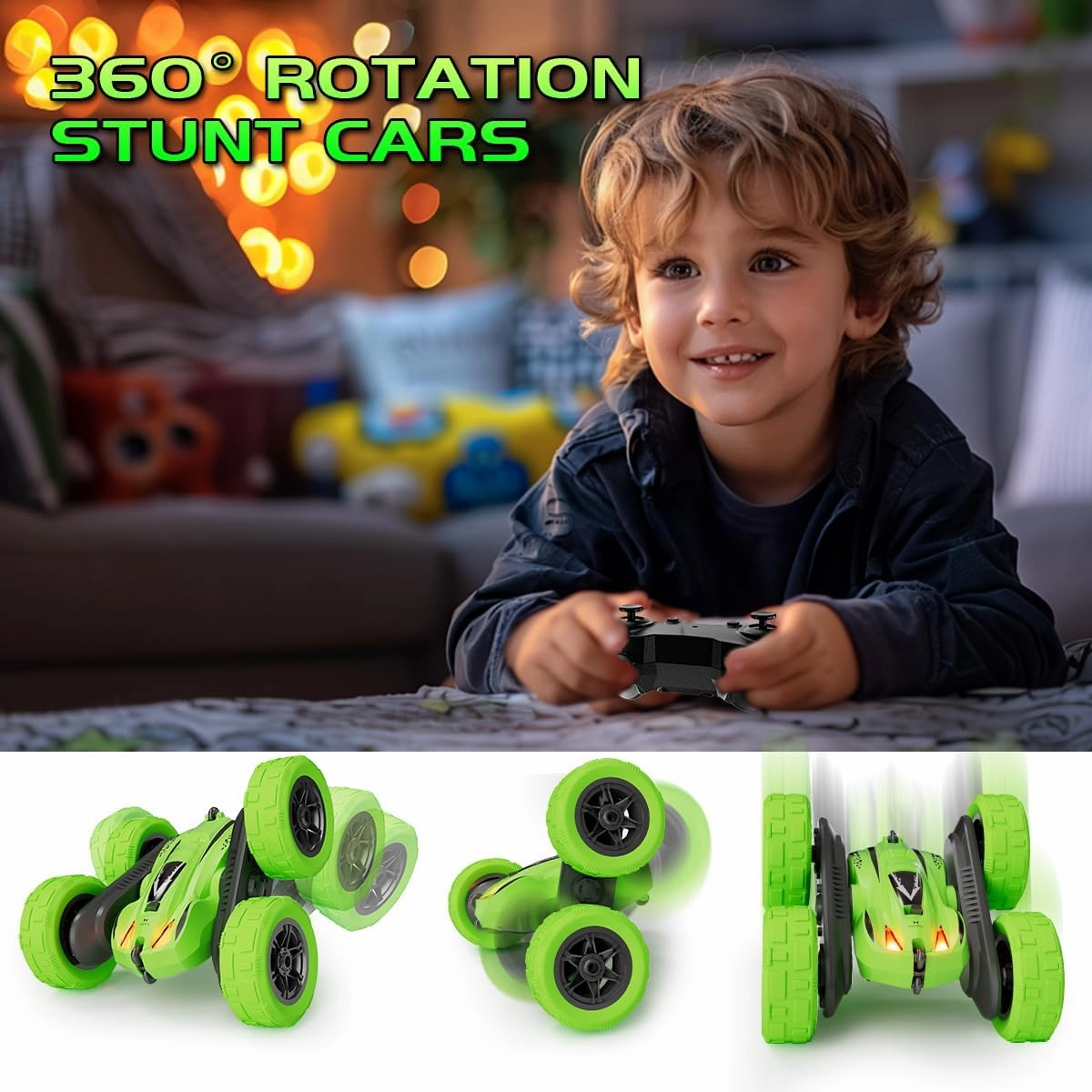 Remote Control Car Fast RC Cars,2.4Ghz Double Sided 360° Rotating RC Stunt Cars with Headlights,All Terrain Rechargeable Car Toys for Boys Ages 5-7 8-12,Birthday Gifts for Kids Green