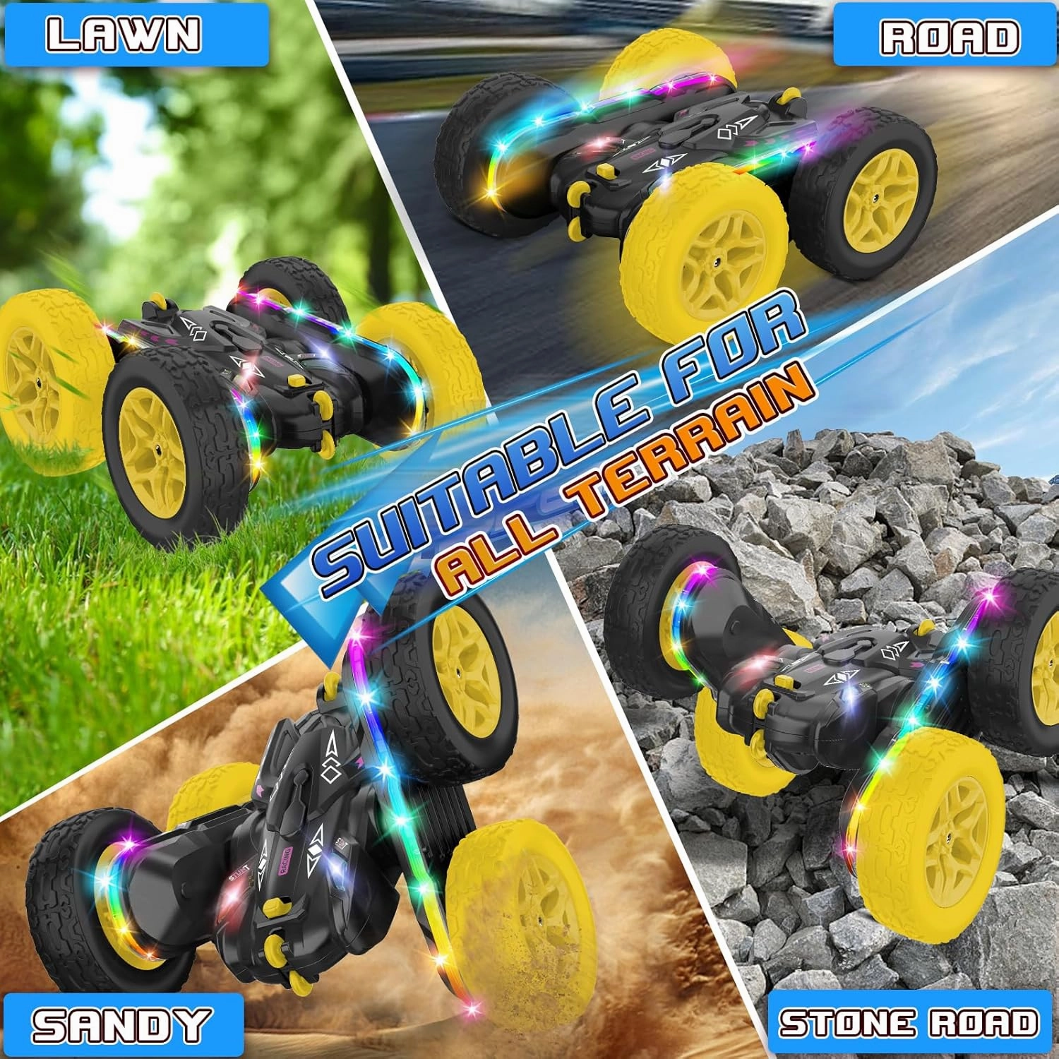 Remote Control Car,RC Cars with sides light strip and Headlights,Double Sided 360 Flips Rotating RC Stunt Car,2.4Ghz All Terrain Toys for Ages 4-6 Kids Toy for Boys Girls Birthday Gift(black)