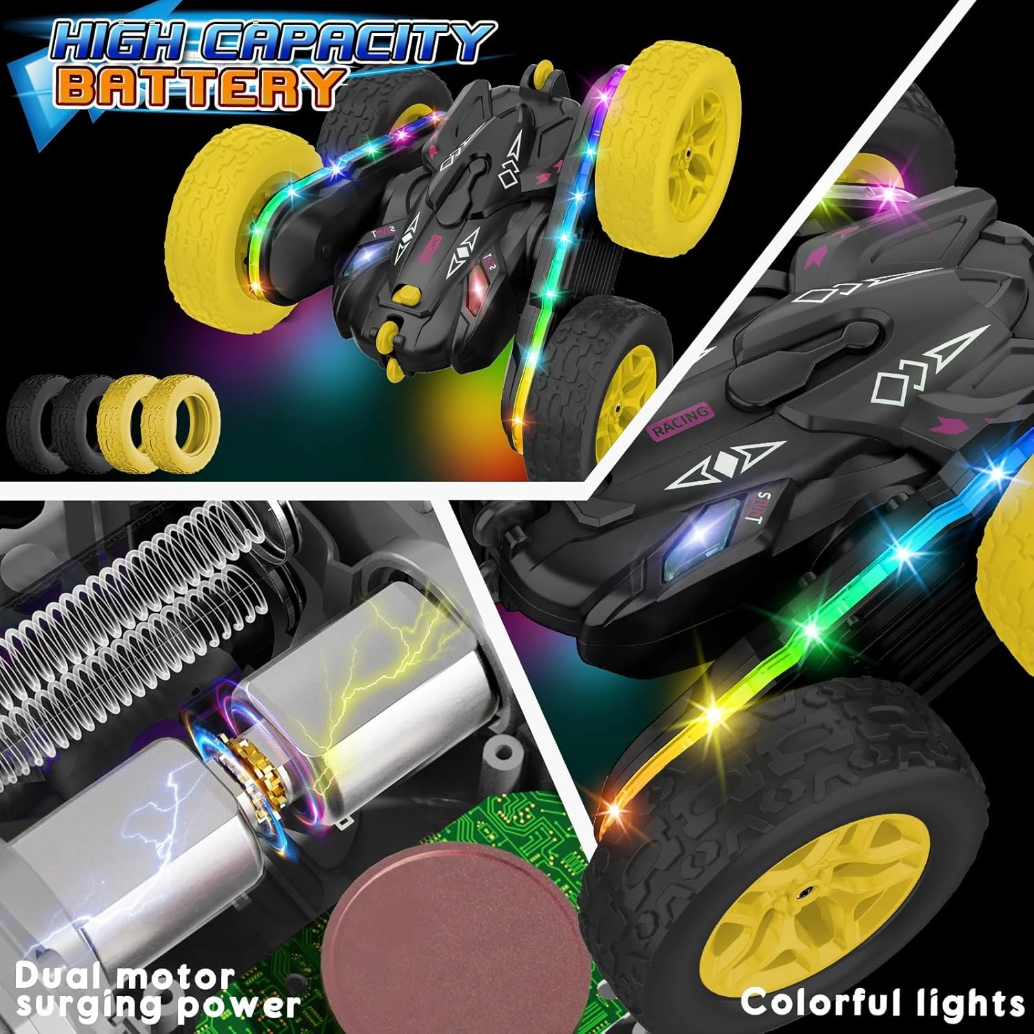 Remote Control Car,RC Cars with sides light strip and Headlights,Double Sided 360 Flips Rotating RC Stunt Car,2.4Ghz All Terrain Toys for Ages 4-6 Kids Toy for Boys Girls Birthday Gift(black)