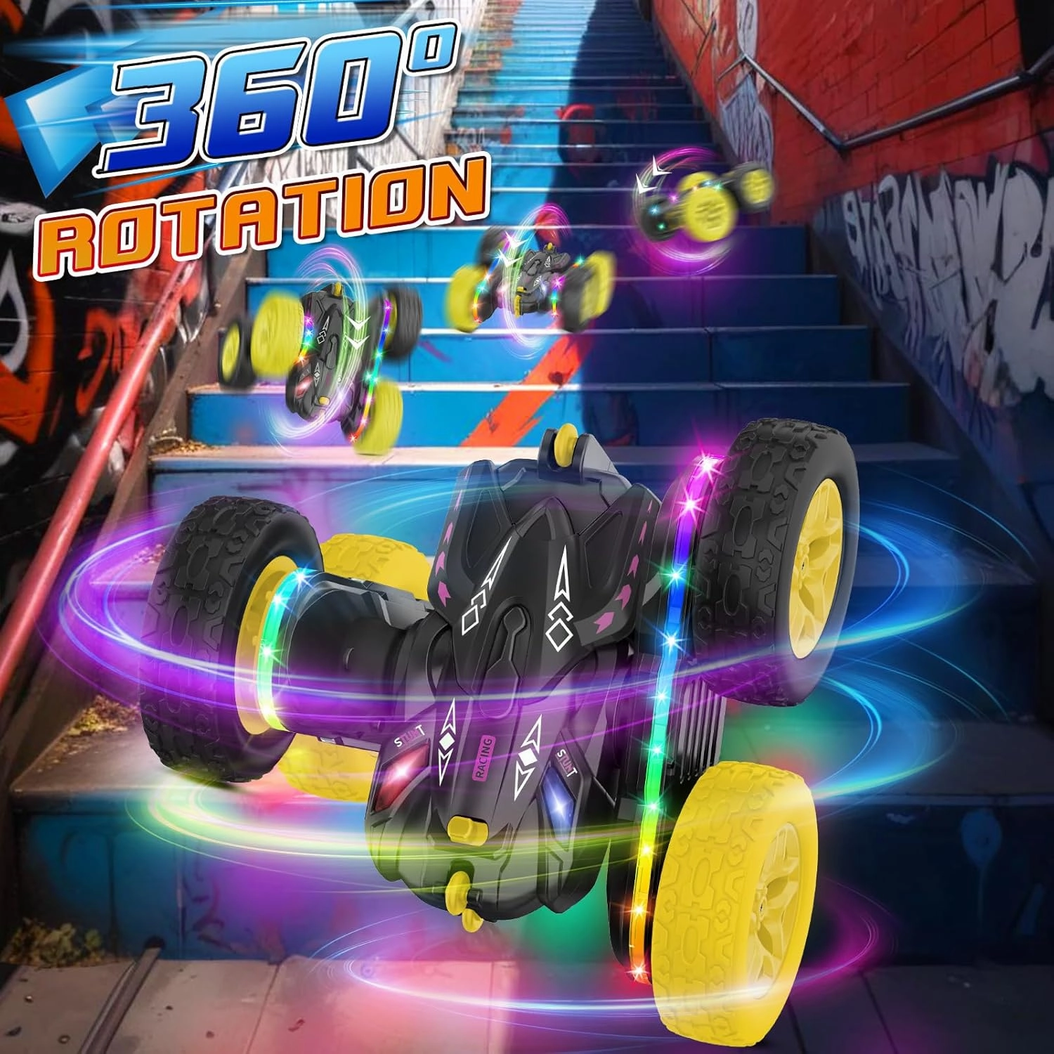 Remote Control Car,RC Cars with sides light strip and Headlights,Double Sided 360 Flips Rotating RC Stunt Car,2.4Ghz All Terrain Toys for Ages 4-6 Kids Toy for Boys Girls Birthday Gift(black)