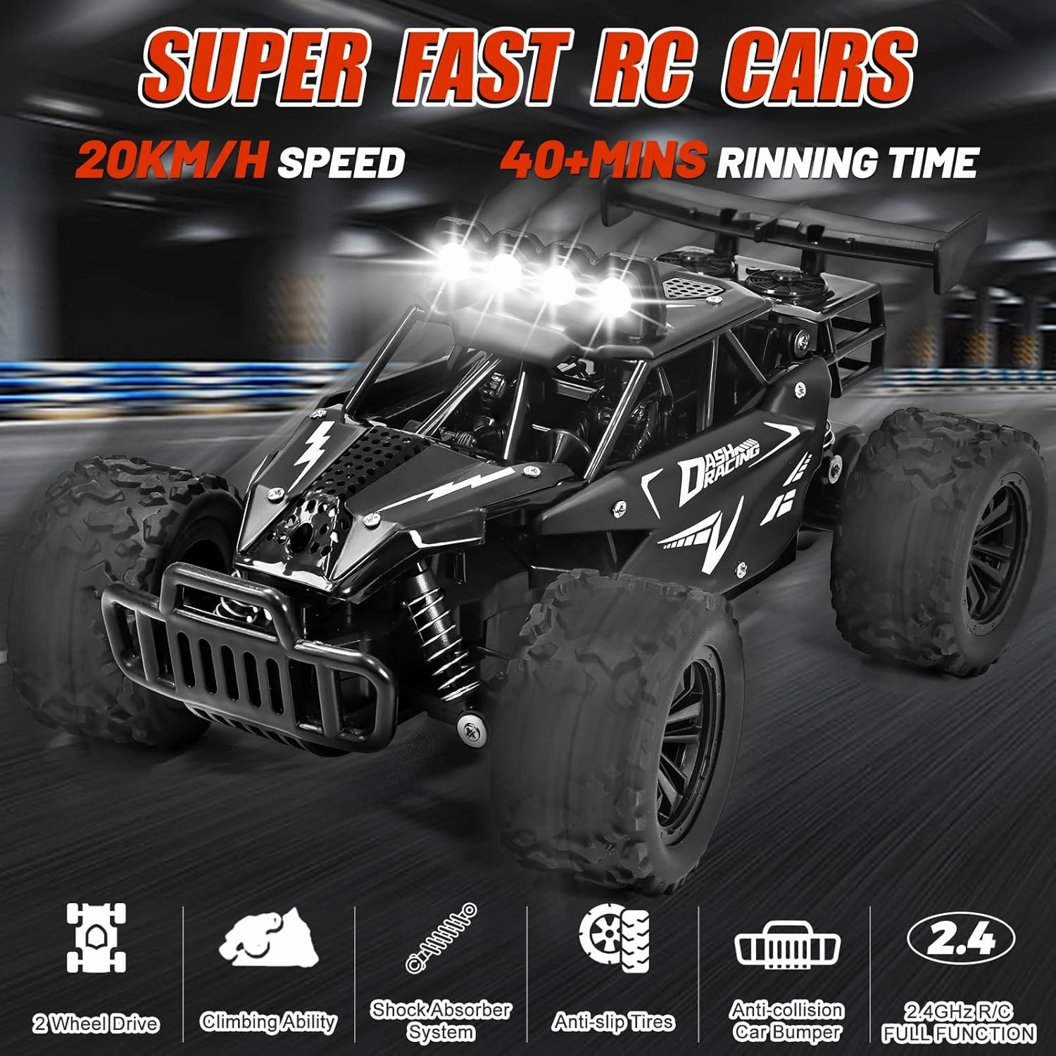 Remote Control Car RC Cars Xmas Gifts, 2.4GHz High Speed 20KM/H Remote Control Car with LED Headlight and Rechargeable Battery, 4X4 Off Road Monster Truck Toys Gift for Boys Age 4-7 8-12