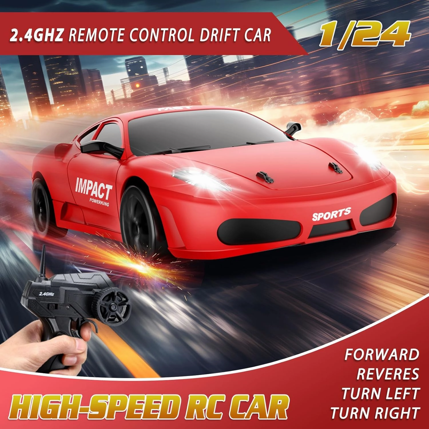 Remote Control Car RC Drift Car 2.4GHz 1:24 Scale 4WD 15KM/H High Speed Model Vehicle with LED Lights Drifting Tire Racing Sport Toy Car for Adults Boys Girls Kids Gift 2Pcs Rechargeable Batteries