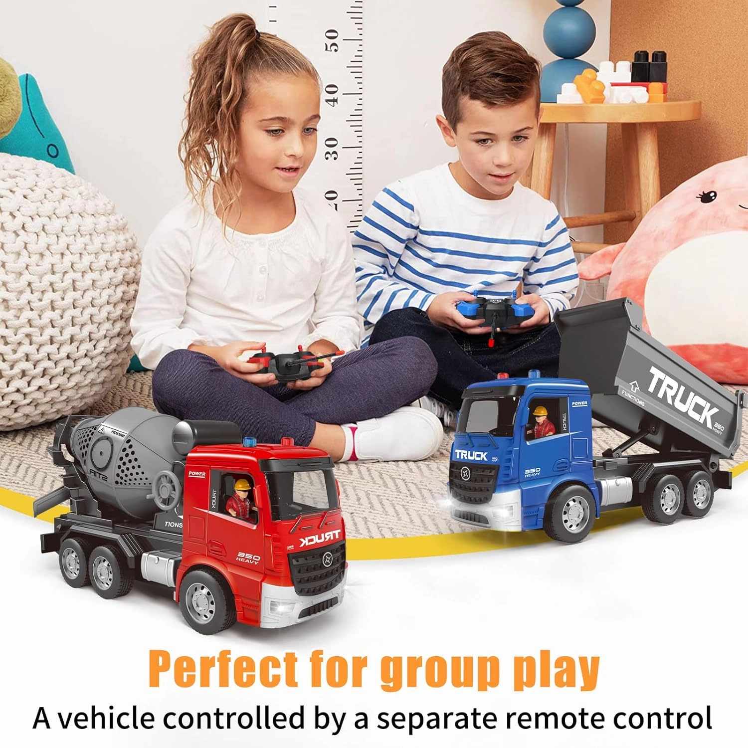 Remote Control Cement Mixer Truck and Dump Truck Toy Set - Construction Vehicle Toy with Lights and Sounds for Imaginative Play, Present for Toddlers Boys Girls
