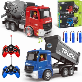 Remote Control Cement Mixer Truck and Dump Truck Toy Set - Construction Vehicle Toy with Lights and Sounds for Imaginative Play, Present for Toddlers Boys Girls