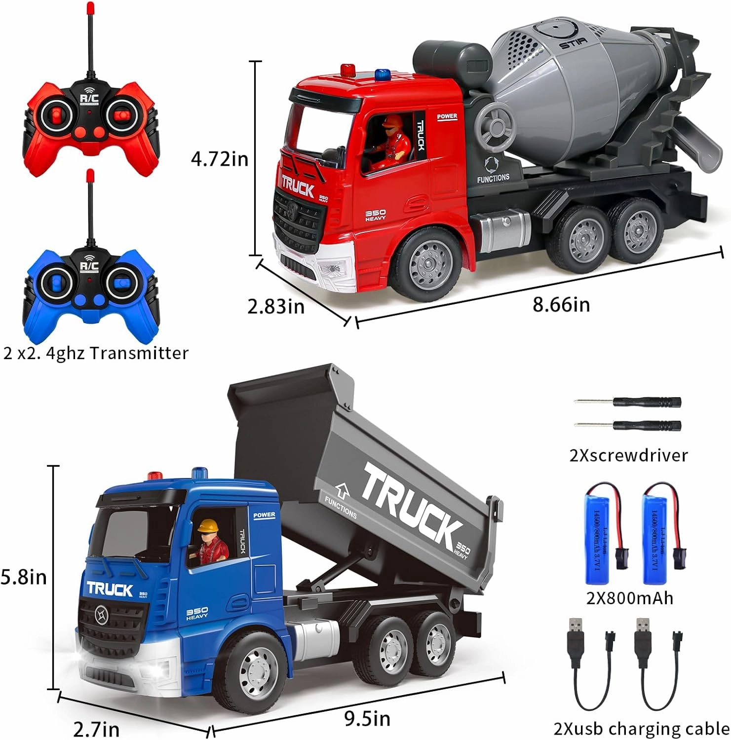 Remote Control Cement Mixer Truck and Dump Truck Toy Set - Construction Vehicle Toy with Lights and Sounds for Imaginative Play, Present for Toddlers Boys Girls