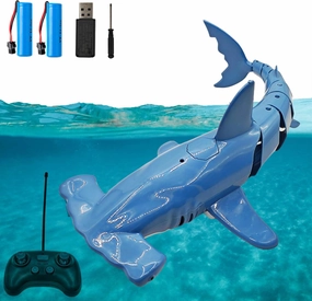 Remote Control Shark for Pool｜1:18 RC Shark & Dual Motors｜One-Touch Dive to 5 ft｜LED 2.4GHz Waterproof RC Submarine Hammerhead Shark Toy｜ Pool Party Gifts for Boys Ages 6-12(2 Batteries)