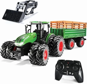 Remote Control Tractor and Trailer Set RC Kids Tractor Toy Front Loader Farm Truck Toddler Farm Toys with Lights and Sound, Metal Cab, 8 Wheels RC Toys Boys Gift for 3 4 5 6 7 8 Years Old