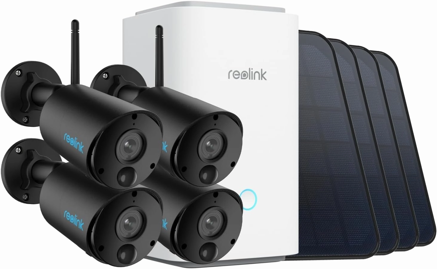 REOLINK Home Hub with 4X Argus Eco  Solar Panel Black - 2K 3MP Cameras for Home Security Indoor Outside, Smart Detection, 64GB microSD Card Included, Encrypted Local Storage, No Monthly Fees