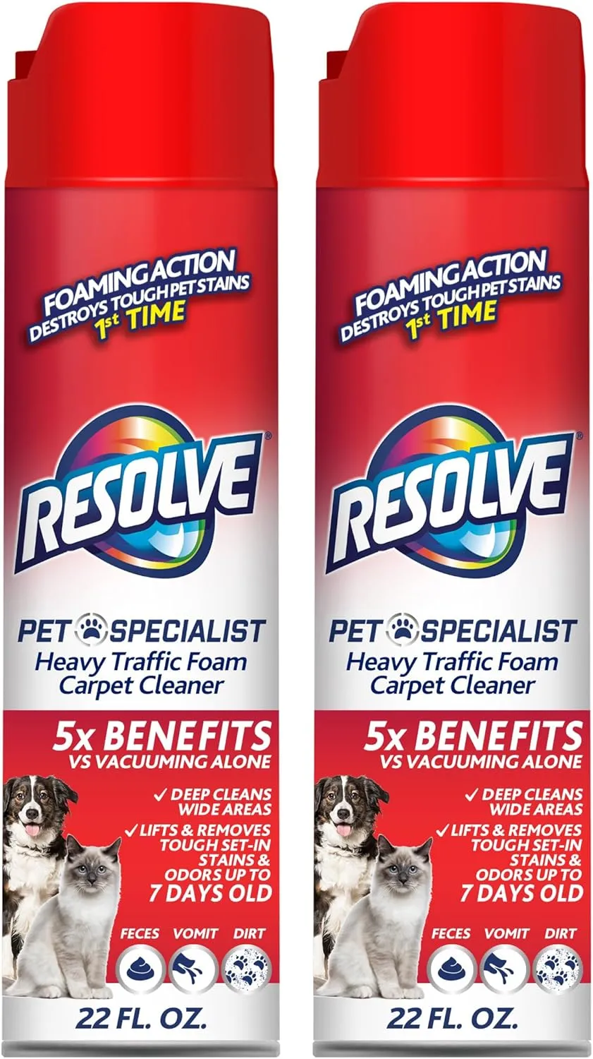 Resolve Pet Specialist Heavy Traffic Foam, Carpet Cleaner, Pet Stain And Odor Remover, Carpet Cleaner Solution, 2 Pack Of 22oz