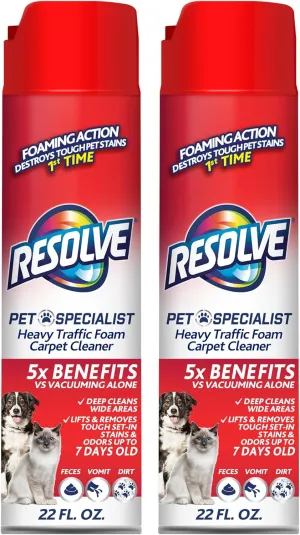 Resolve Pet Specialist Heavy Traffic Foam, Carpet Cleaner, Pet Stain And Odor Remover, Carpet Cleaner Solution, 2 Pack Of 22oz