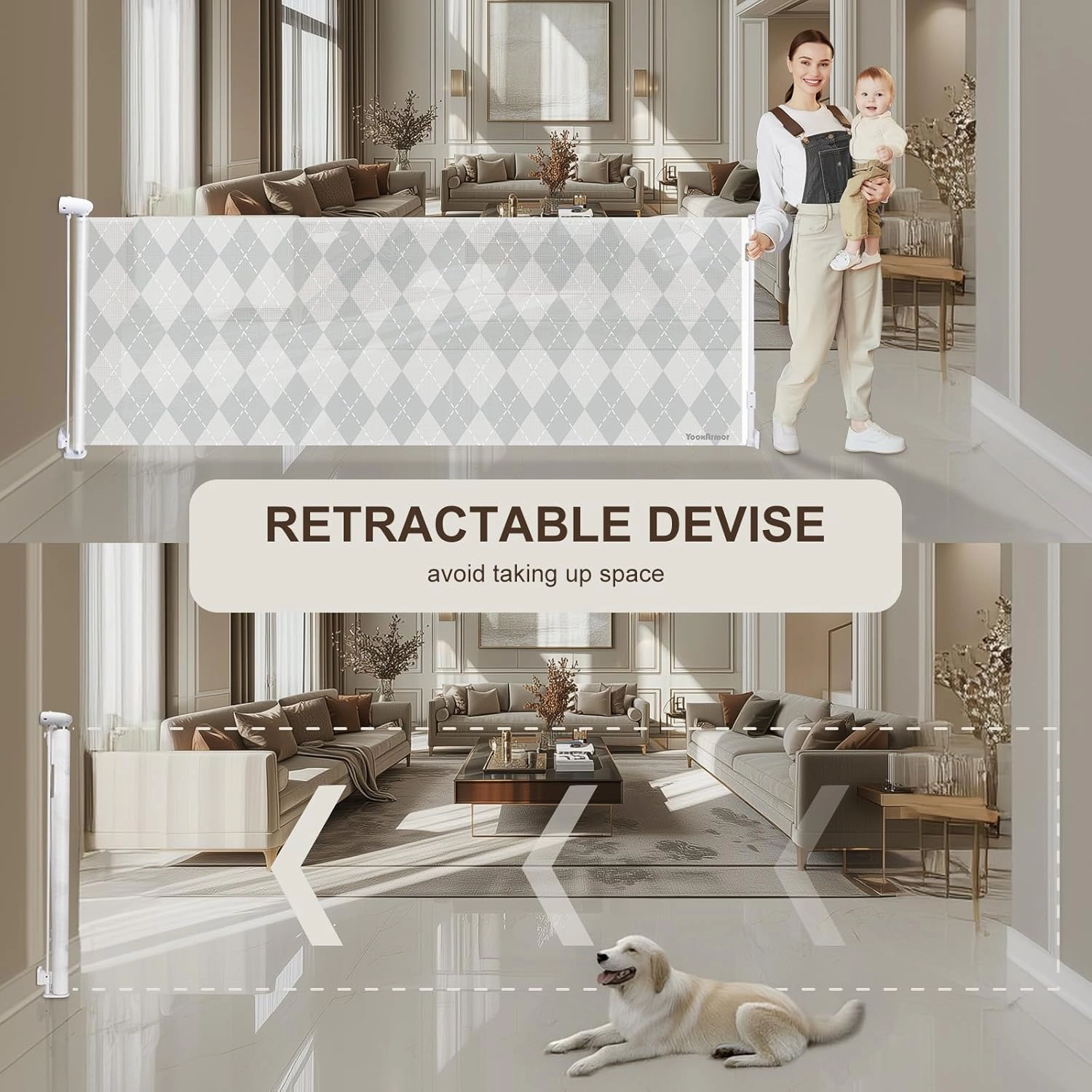 Retractable Baby & Dog Gate | 34" Tall | Extends to 130" Wide | Safety Mesh Gate for Stairs, Indoor/Outdoor, Doorways & Hallways