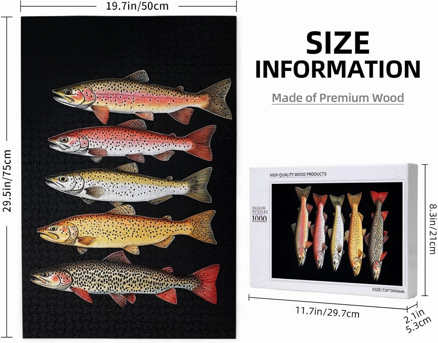 Retro Style Brainstorming Game, Different Varieties of Fish, Puzzles for Adults 1000 Pieces, Stress Reliever for Parties, Impossible Brain Challenge for Fishing Enthusiasts