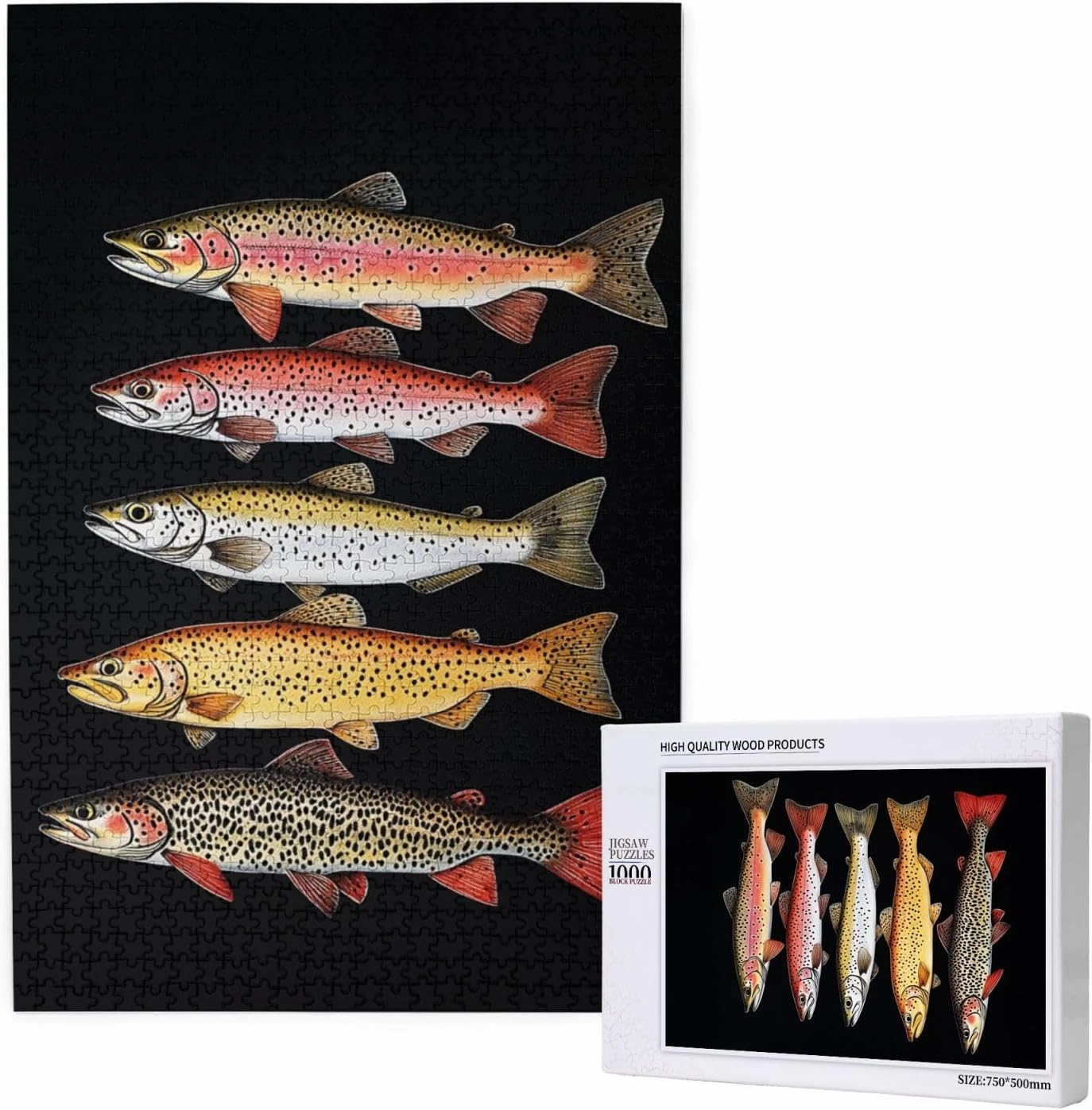 Retro Style Brainstorming Game, Different Varieties of Fish, Puzzles for Adults 1000 Pieces, Stress Reliever for Parties, Impossible Brain Challenge for Fishing Enthusiasts