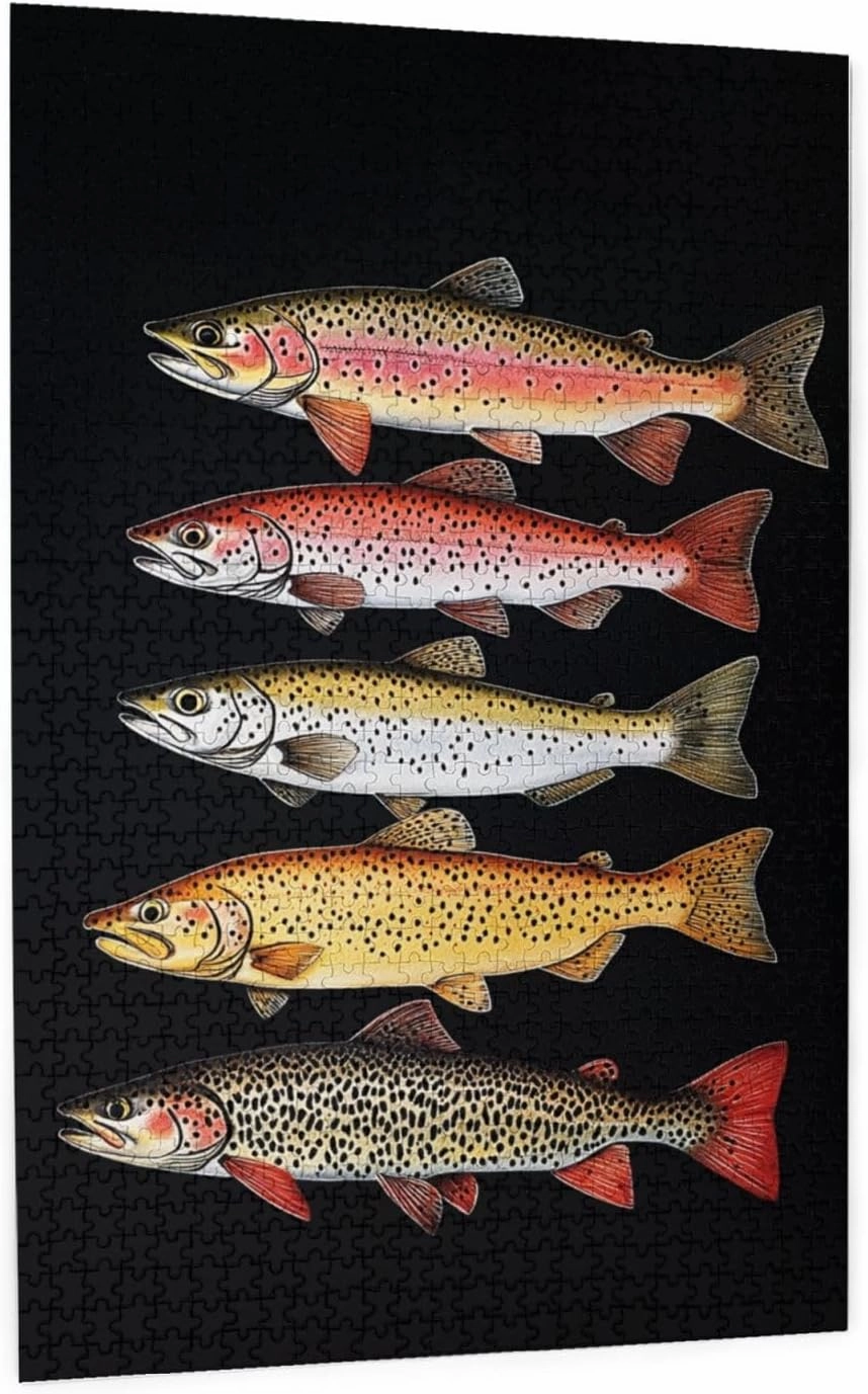 Retro Style Brainstorming Game, Different Varieties of Fish, Puzzles for Adults 1000 Pieces, Stress Reliever for Parties, Impossible Brain Challenge for Fishing Enthusiasts