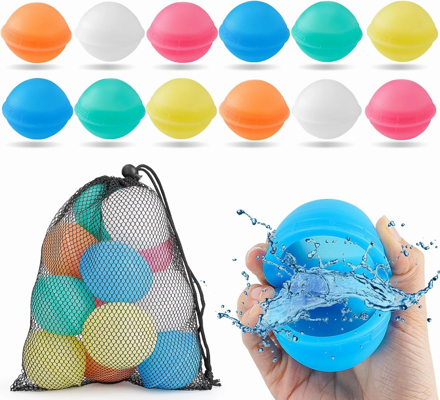 Reusable Water Balloons for Kids, 12Pcs Non-Magnets Silicone Leak-Resistant Refillable Water Balls Balloons, Summer Water Toys Splash Balls for Outdoor Backyard Lawn Beach Fun Games for Boys Girls(12)