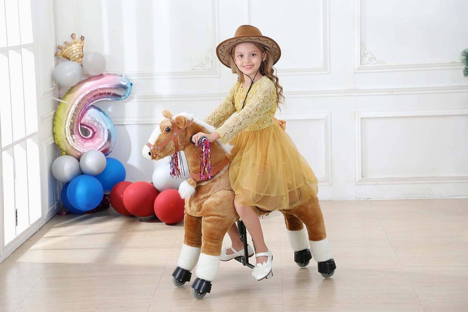Ride on Horse Toys, Kids Riding Horse Toys Ride on Toys for 6-14 Years Old, Premium Plush Animals Toys Walking Horse with Wheels (Brown, 31.5" L x 13" W x 36.2" H)