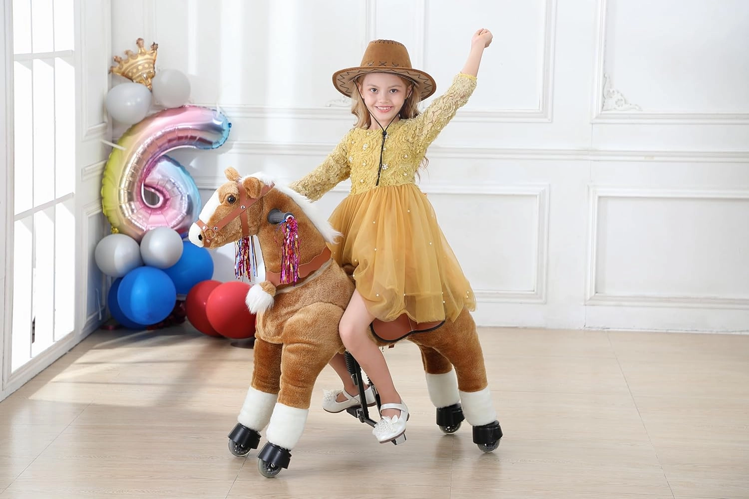 Ride on Horse Toys, Kids Riding Horse Toys Ride on Toys for 6-14 Years Old, Premium Plush Animals Toys Walking Horse with Wheels (Brown, 31.5" L x 13" W x 36.2" H)