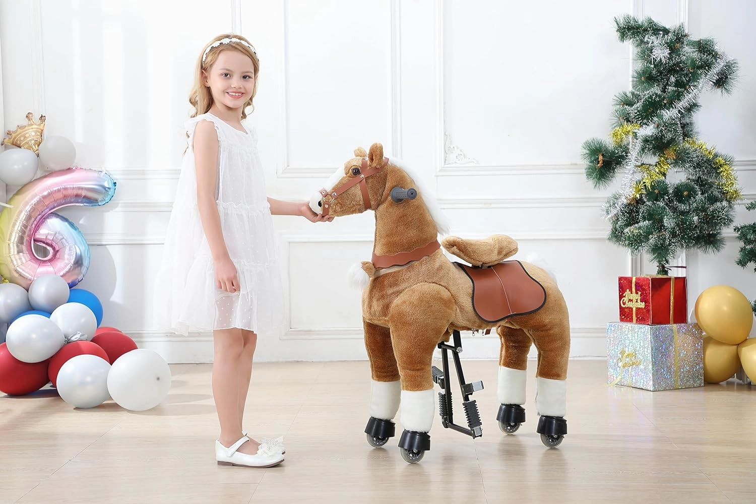 Ride on Horse Toys, Kids Riding Horse Toys Ride on Toys for 6-14 Years Old, Premium Plush Animals Toys Walking Horse with Wheels (Brown, 31.5" L x 13" W x 36.2" H)