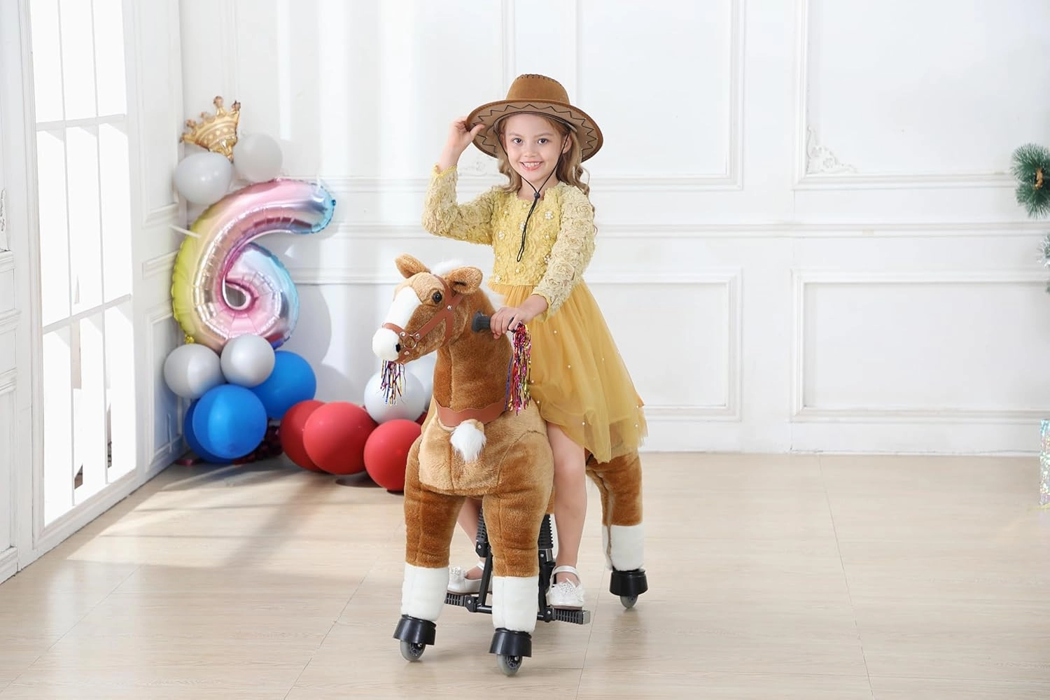 Ride on Horse Toys, Kids Riding Horse Toys Ride on Toys for 6-14 Years Old, Premium Plush Animals Toys Walking Horse with Wheels (Brown, 31.5" L x 13" W x 36.2" H)