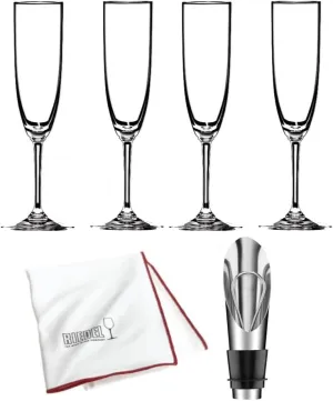 Riedel Vinum Champagne Glass (4-Pack) Bundle with Wine Pourer and Polishing Cloth (4 Items)