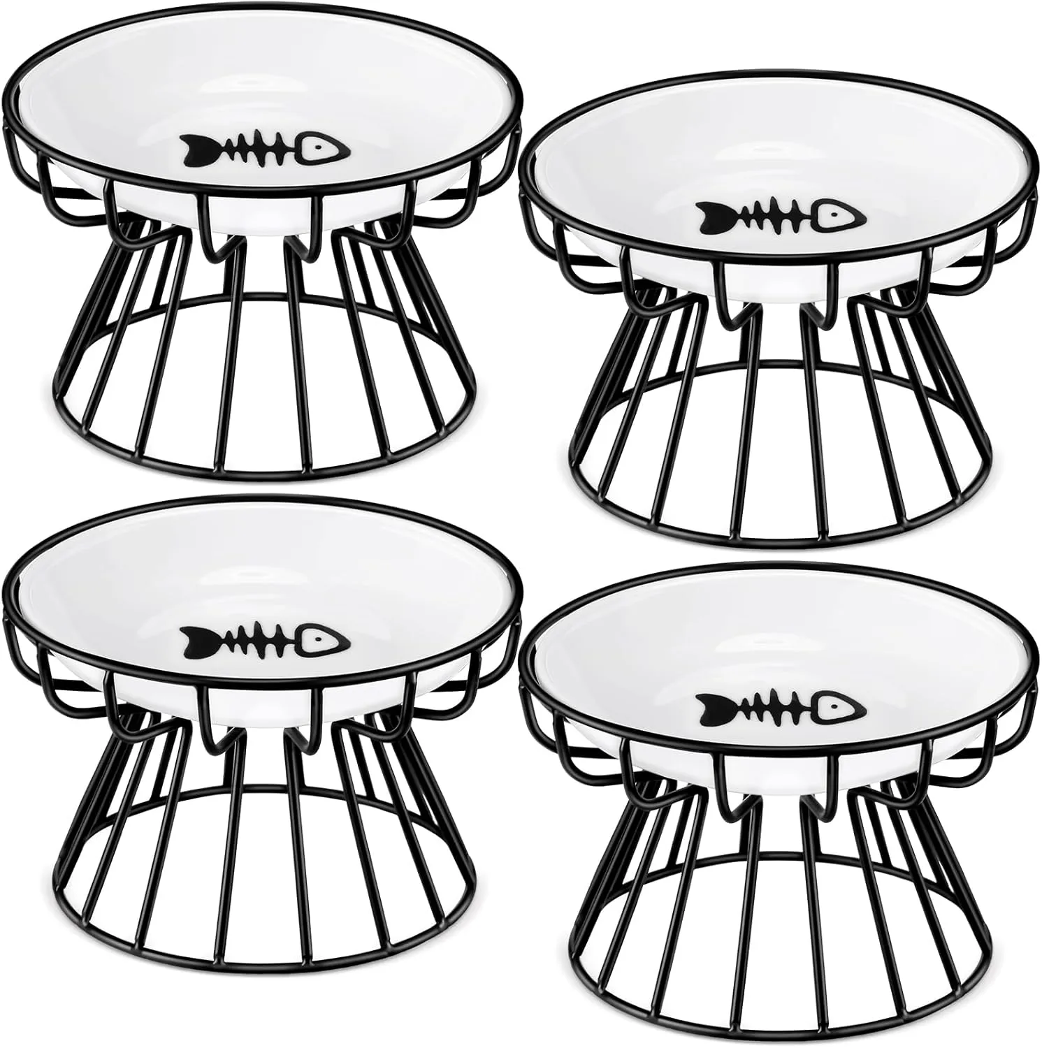 Roshtia 4 Sets Elevated Cat Bowls Ceramic Raised Cat Food Bowls with Metal Stand Dishwasher Safe Dishes Non Slip Elevated Food Plate(Black,Fishbone)