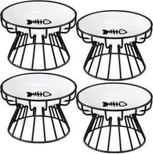 Roshtia 4 Sets Elevated Cat Bowls Ceramic Raised Cat Food Bowls with Metal Stand Dishwasher Safe Dishes Non Slip Elevated Food Plate(Black,Fishbone)