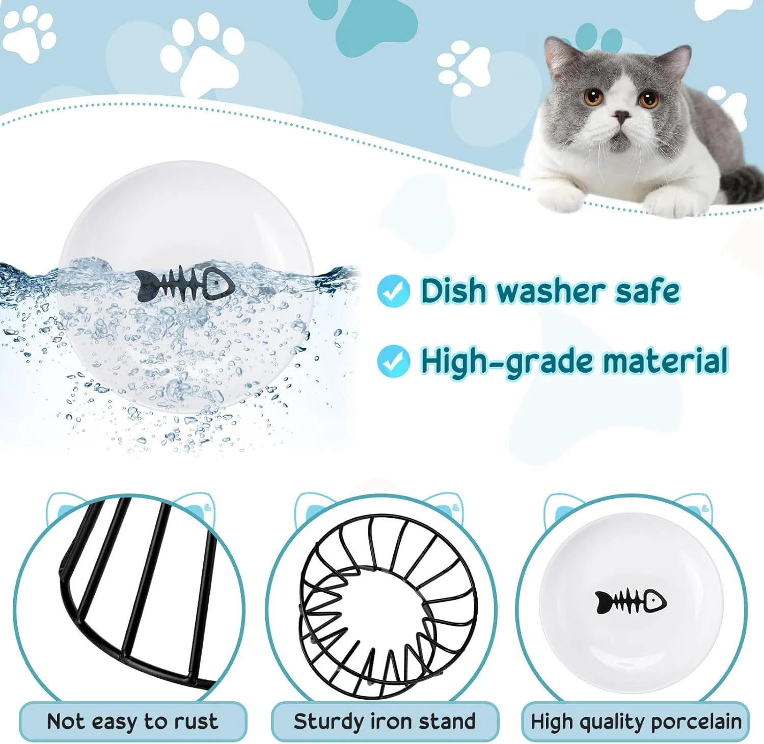 Roshtia 4 Sets Elevated Cat Bowls Ceramic Raised Cat Food Bowls with Metal Stand Dishwasher Safe Dishes Non Slip Elevated Food Plate(Black,Fishbone)
