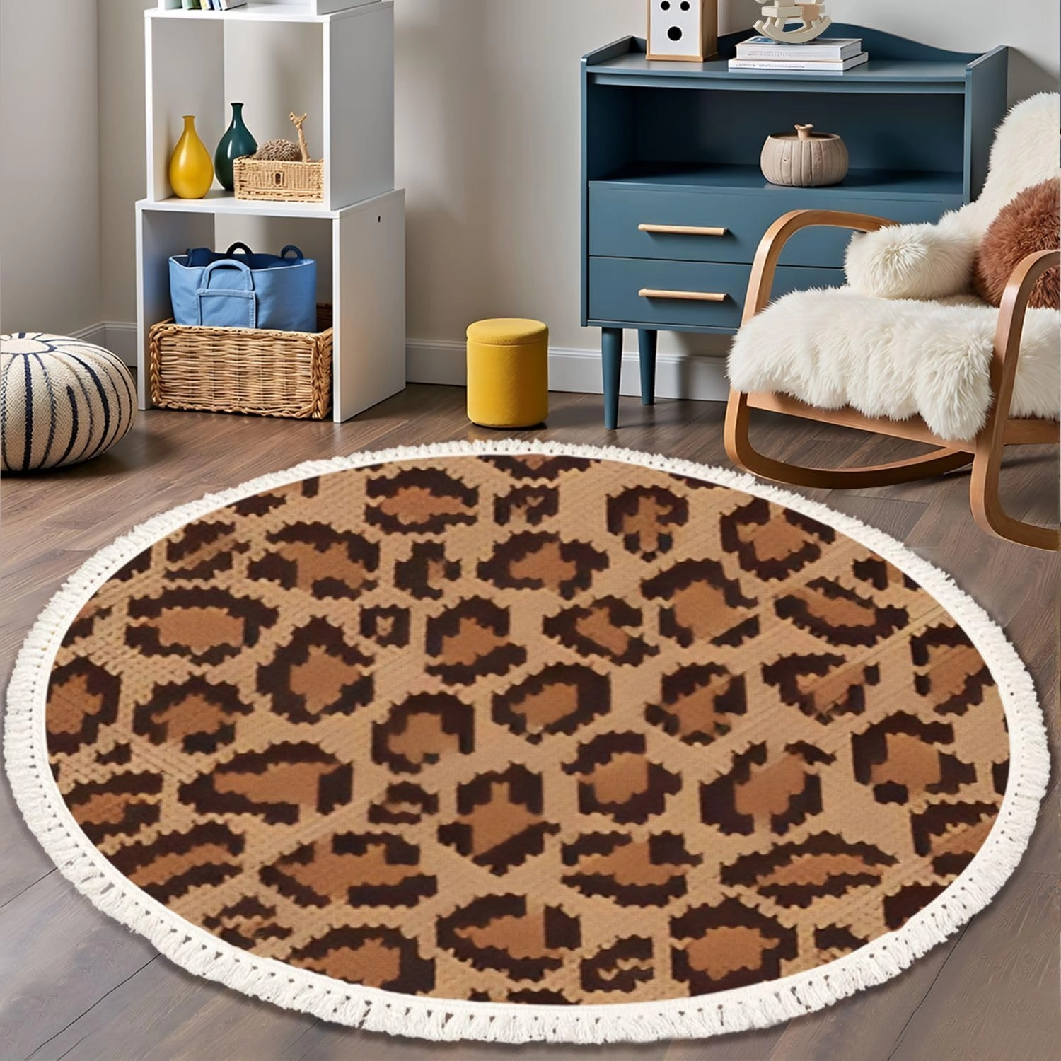 Round Rugs Leopard Jacquard Knitted Seamless Pattern Winter for Knitwear Print Boho Area Rug Linen and Cotton Carpet Meditation Rug Washable Hallway Runner Mat Accent Rugs for Bedroom Nursery 4ft