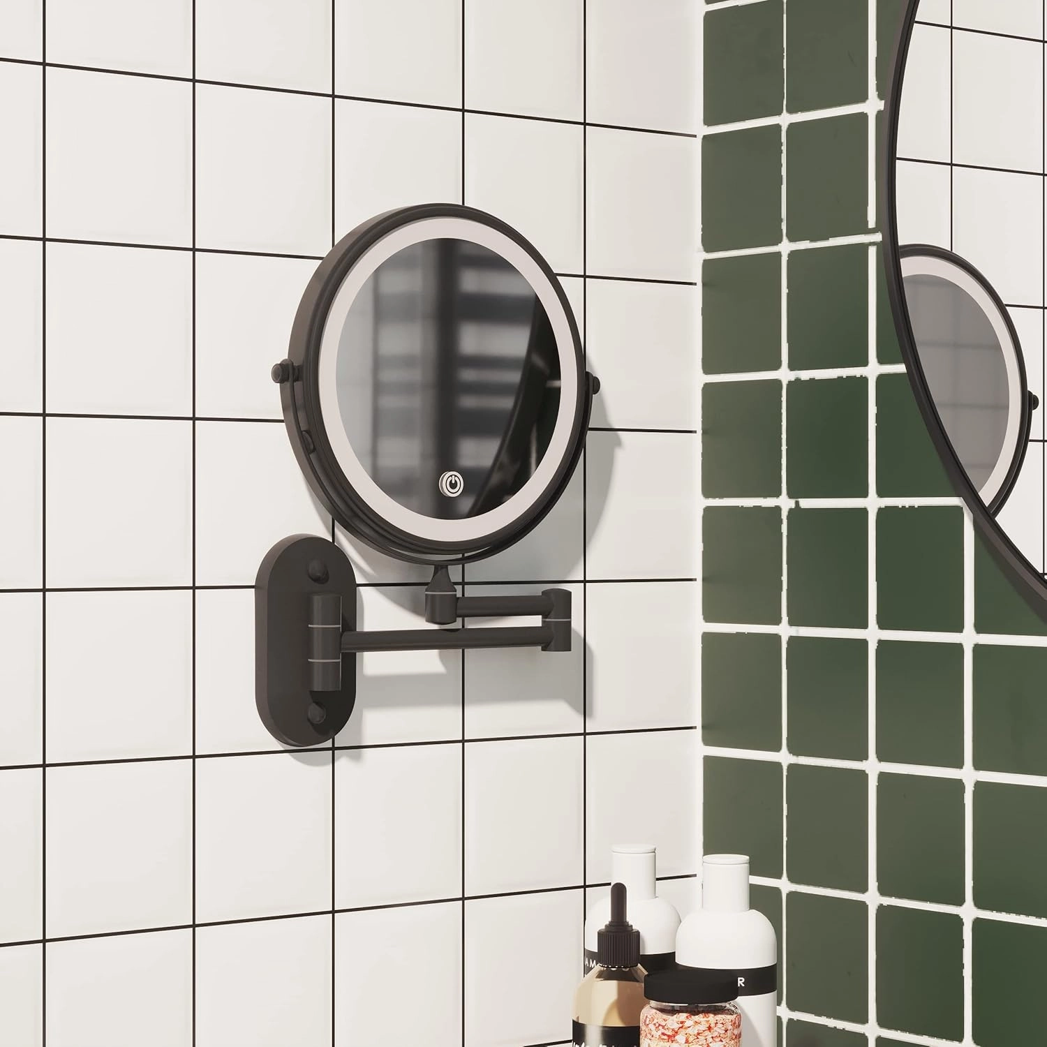 Ruacq Rechargeable Makeup Mirror Matte Black Double Sided Vanity Mirror with Lights Round 1x/10x Magnification 8 Inch Led Magnifying Mirror Stainless Steel and Zinc Alloy Modern Wall Mounted