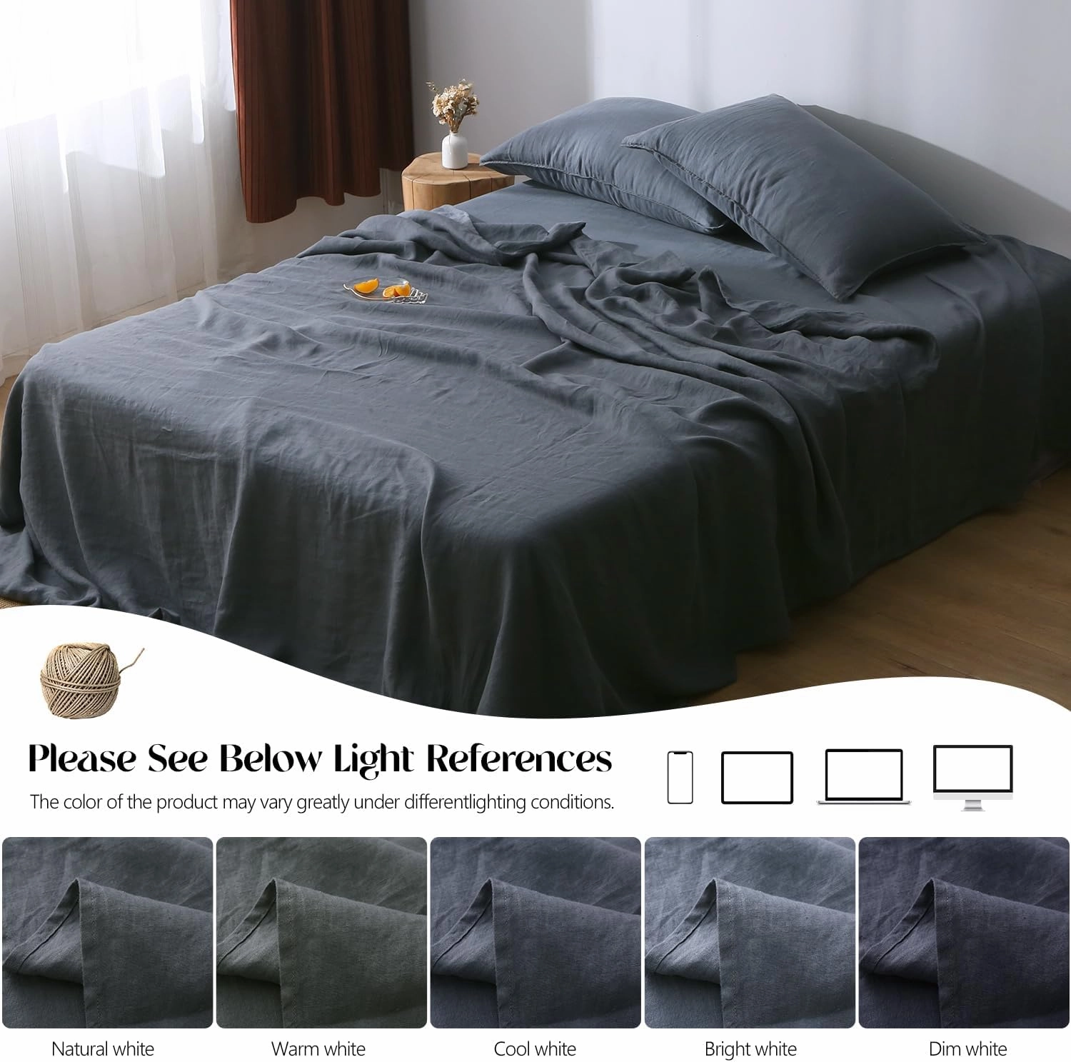 S VICTORY SYMBOL 100% Organic French Linen Sheet Set King Size,Natural Flax Bedding Set,Stone Washed Linen Bed Sheets 4 Pieces Ultra Soft Moisture Wicking(Silver Grey)