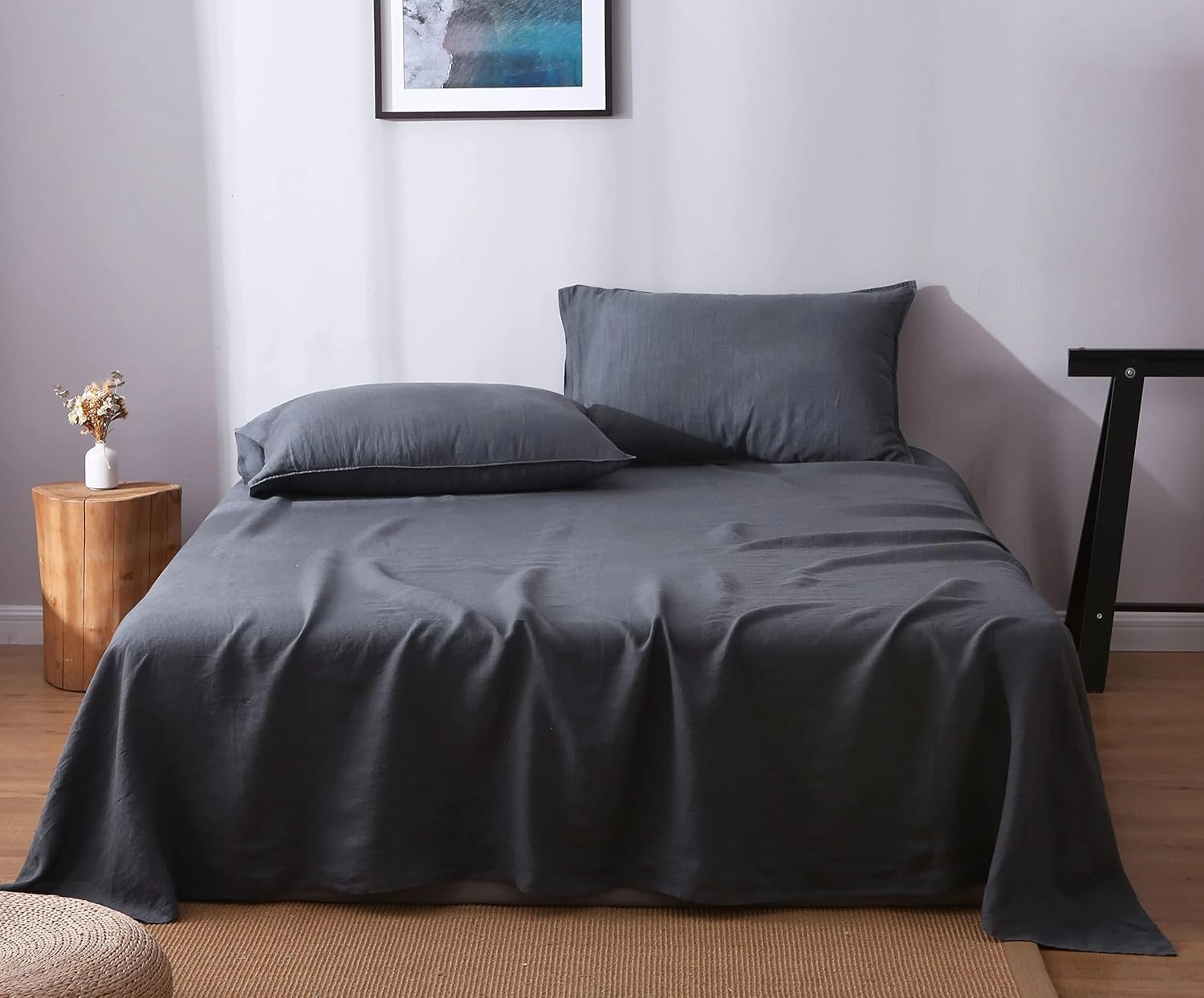S VICTORY SYMBOL 100% Organic French Linen Sheet Set King Size,Natural Flax Bedding Set,Stone Washed Linen Bed Sheets 4 Pieces Ultra Soft Moisture Wicking(Silver Grey)